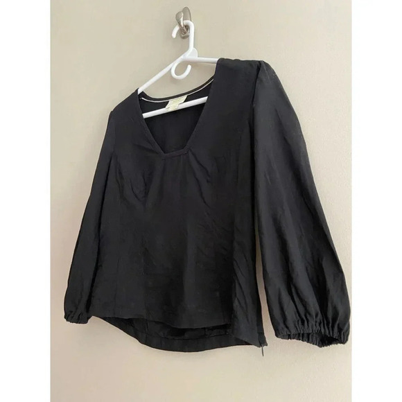 Anthro Maeve Becca Linen Blend Square Neck Puff Sleeve Black Blouse Size 2 - Picture 8 of 11